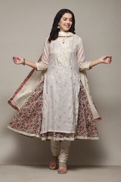 Off White Cotton Layered Printed Kurta Churidar Suit Set image number 0