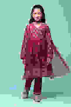 Wine Polyester Gathered Printed Suit Set image number 7