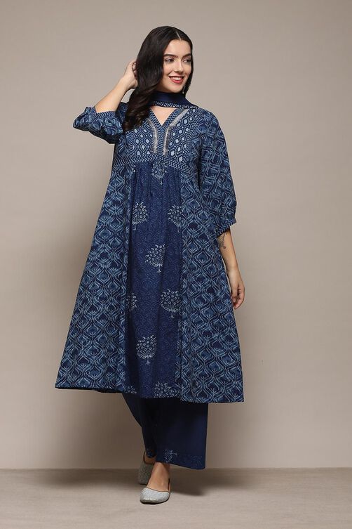 Indigo Cotton Gathered Kurta Palazzo Suit Set image number 4