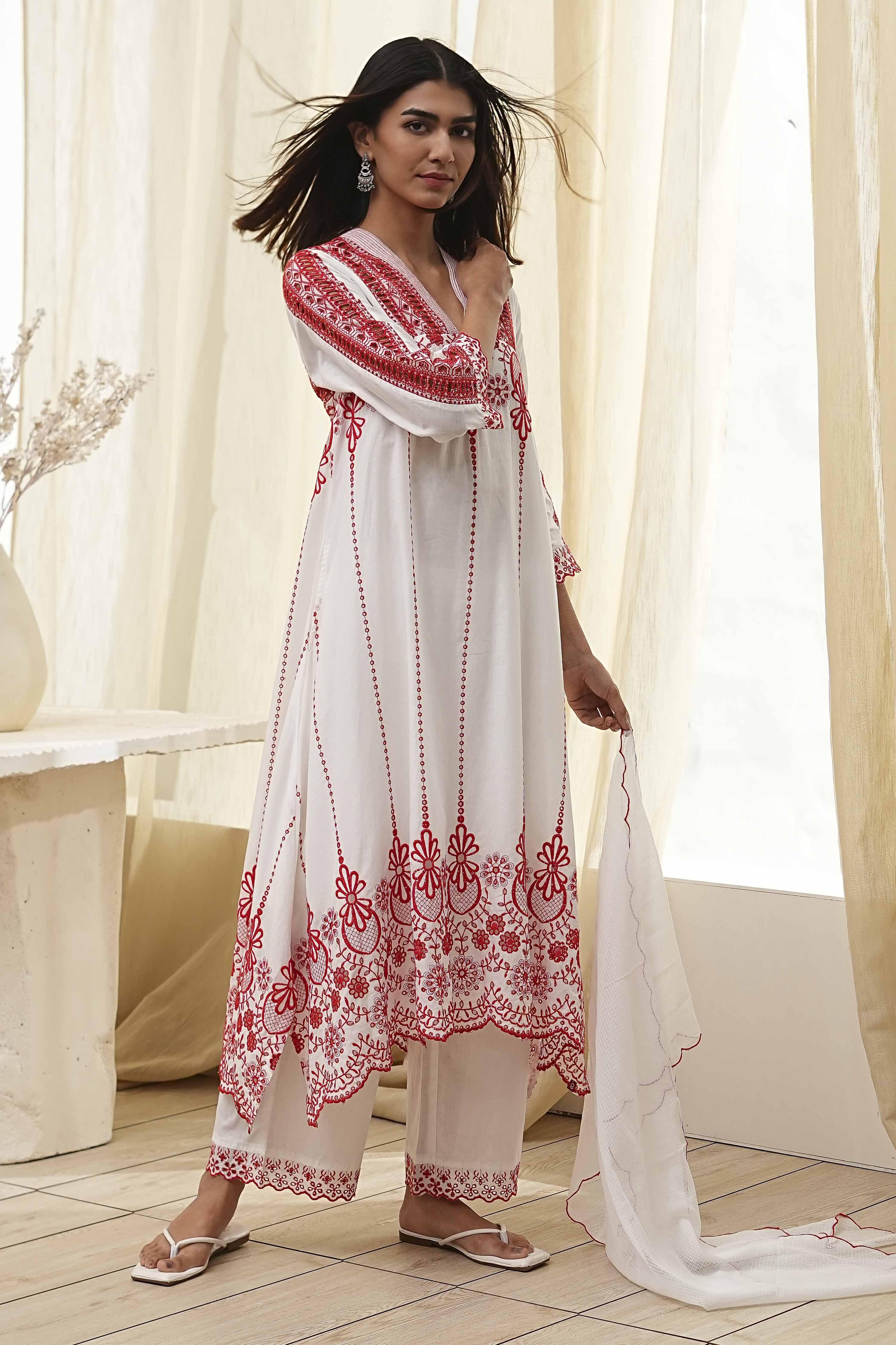 White and Red Cotton Asymmetric Suit Set image number 0