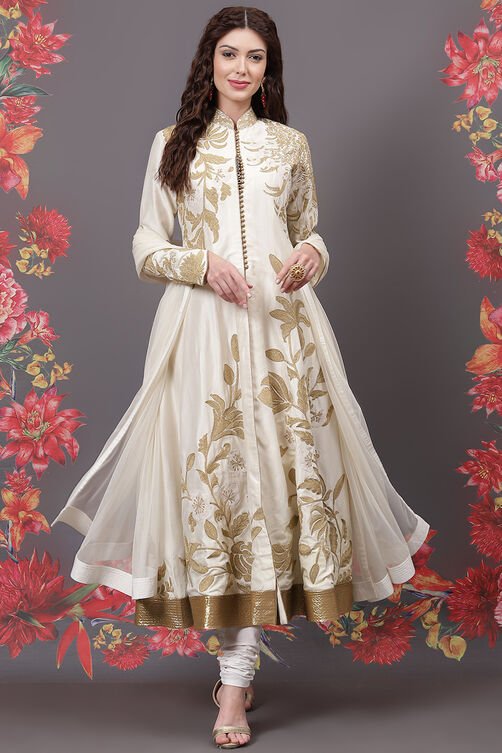 Rohit Bal Off White Cotton Silk Anarkali Yarndyed Suit Set image number 0