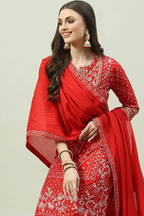 Red Cotton Straight Kurta Relaxed Pants Suit Set image number 0
