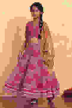 Red Poly Chanderi Printed Lehenga Set image number 0