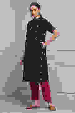 Navy Blue Cotton Printed Straight Kurta image number 2