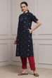 Navy Cotton Yarndyed Straight Kurta image number 2