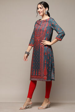 Teal LIVA Straight Printed Kurta image number 2