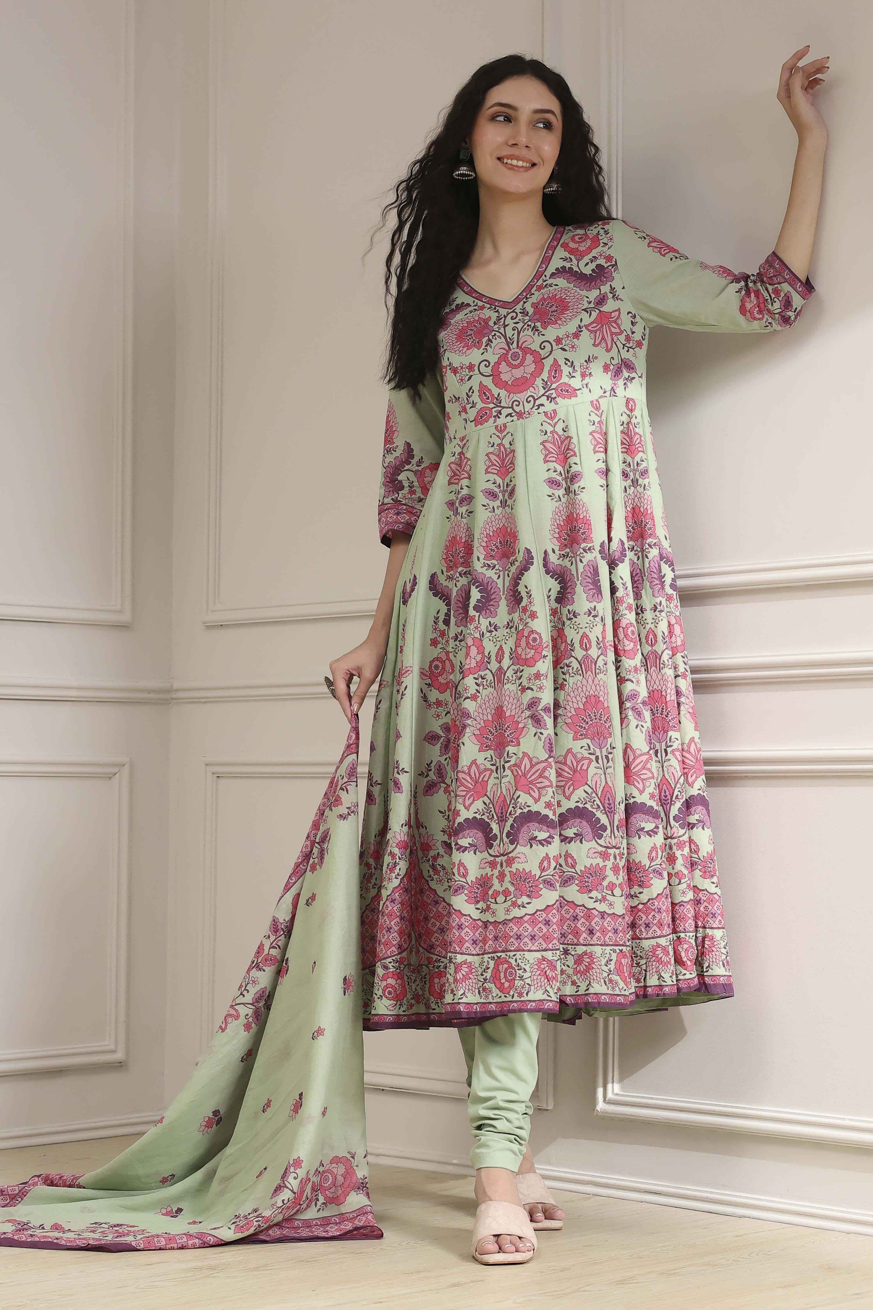 Light Pink Cotton Printed Anarkali Suit Set image number 0