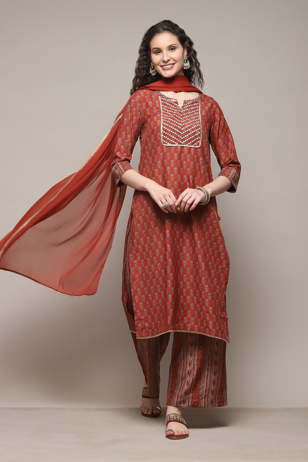 Teracota Poly Chiffon Straight Printed Kurta Palazzo Suit Set image number 7