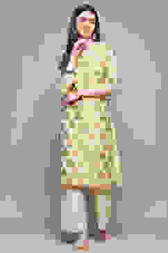 Off White Polyester Straight Kurta image number 0