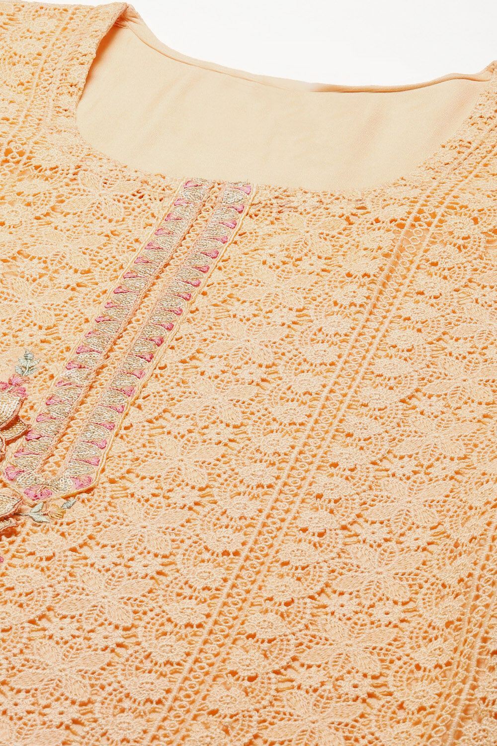 Peach Muslin Lace Unstitched Suit Set image number 2