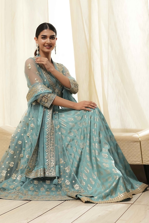 Coral-Pink Polyester Blend Anarkali Lehenga Set image number 8