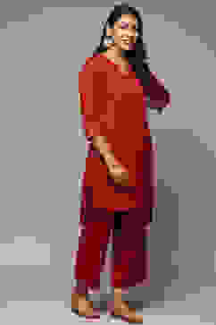 Red Cotton Blend Straight Kurta Palazzo Suit Set image number 5