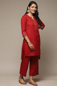 Red Cotton Blend Straight Kurta Palazzo Suit Set image number 5