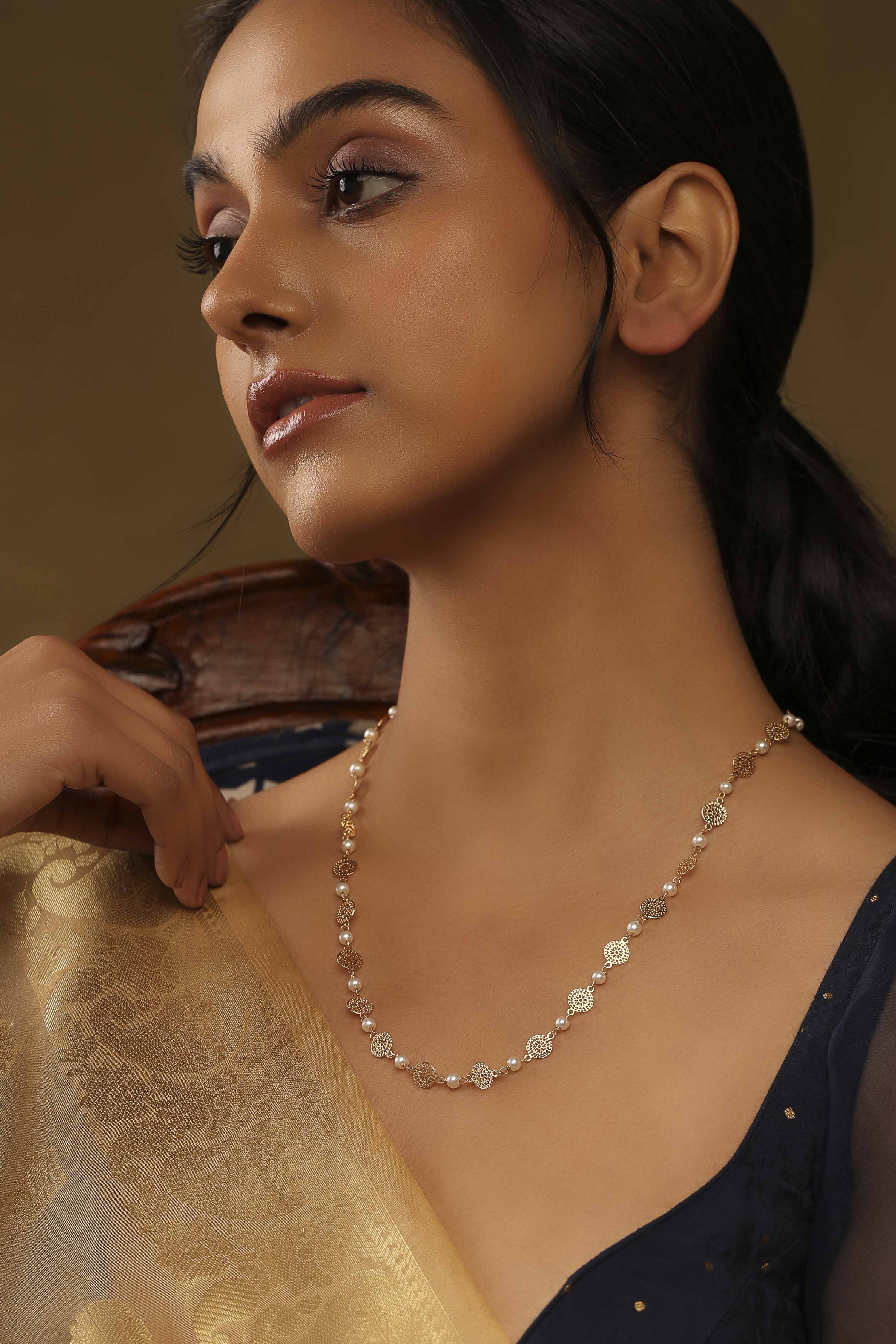 Gold Pearl Brass Necklace image number 3