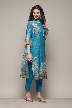 Turquoise Cotton Straight Printed Kurta Ankle Length Suit Set image number 6