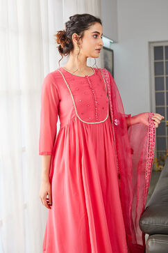 Pink Embroidered Gathered Kurta & Palazzo Suit Set image number 8