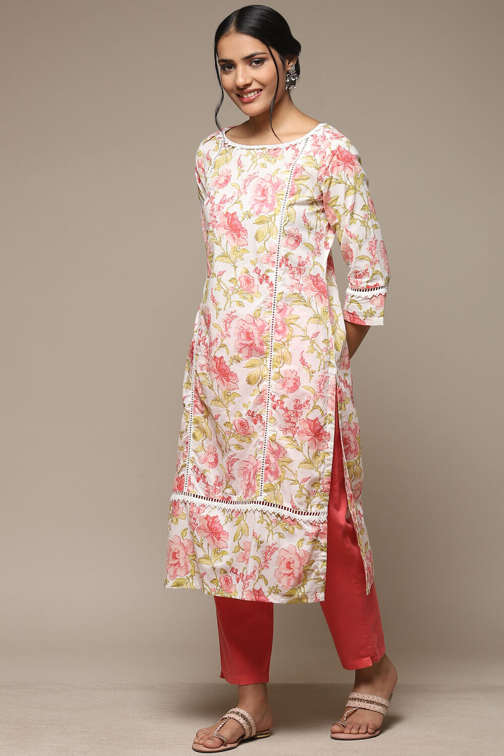 Off White Cotton Straight Printed Kurta