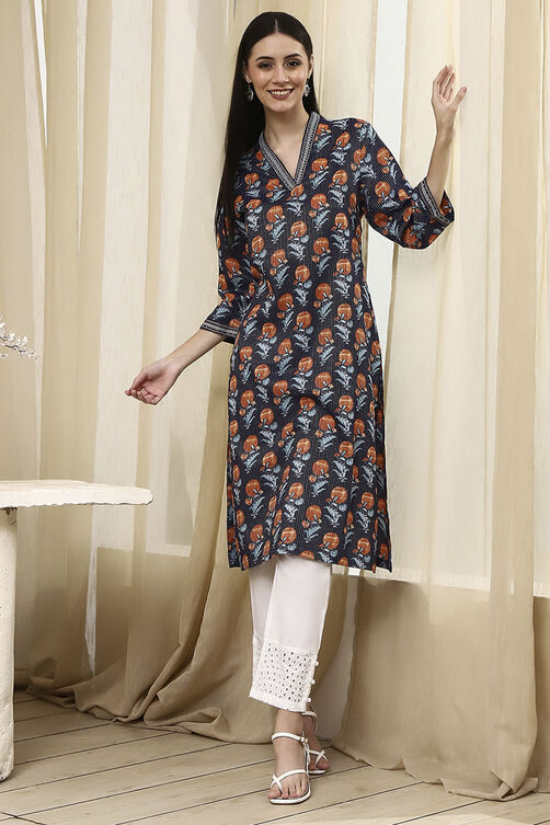 Teal Cotton Printed Straight Kurta image number 6