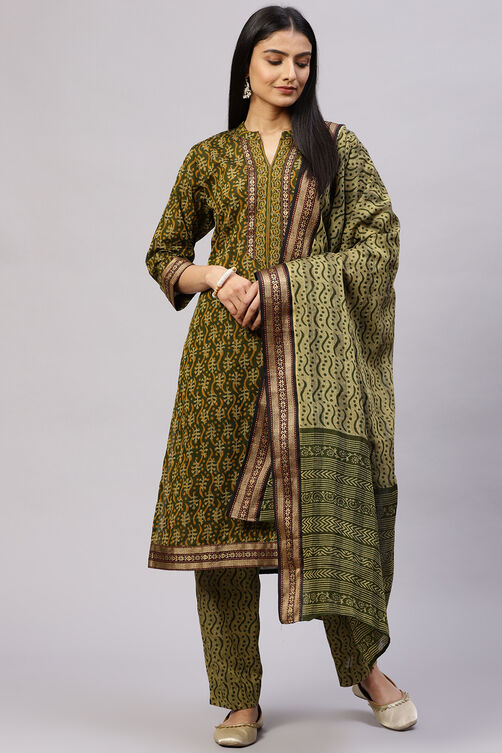 Olive Cotton Woven Unstitched Suit Set image number 0