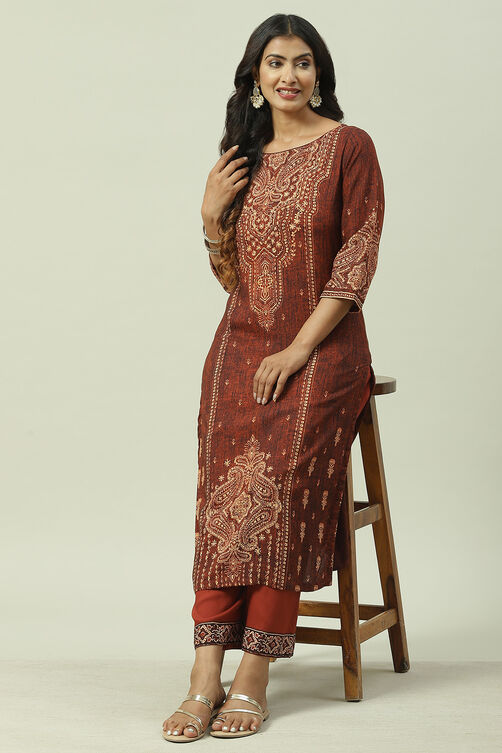 Brown Rayon Straight Printed Kurta image number 5