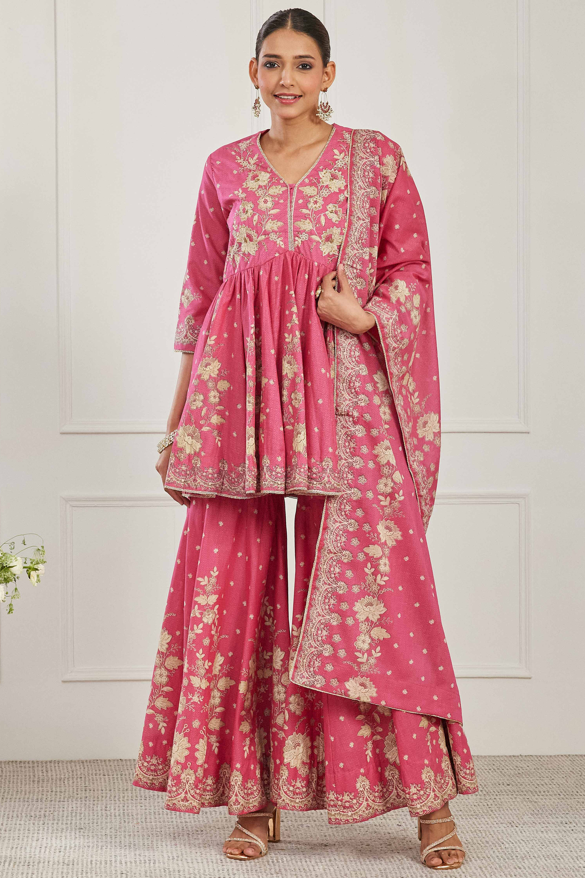 Pink Cotton Floral Embroidered Garara Kurta Set