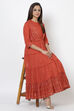 Rust Cotton Flared Printed Kurta image number 0