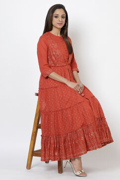 Rust Cotton Flared Printed Kurta image number 0