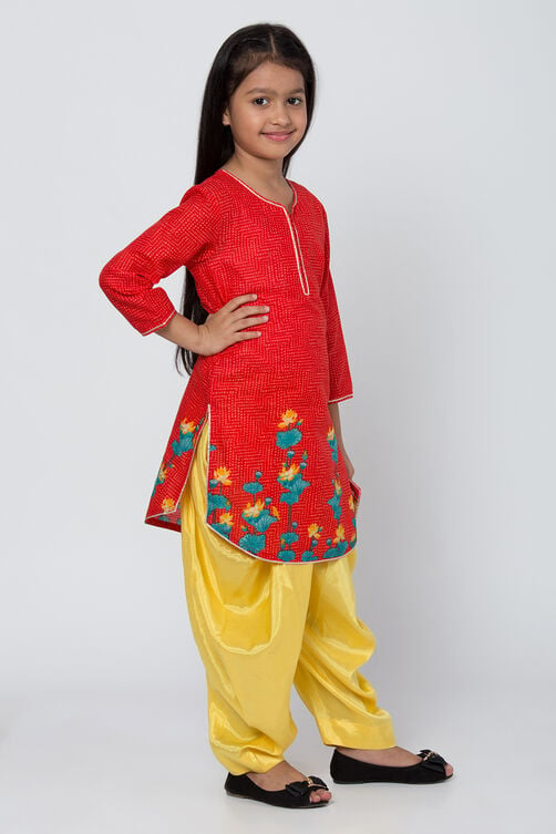 Red And Yellow Cotton Straight Kurta Dhoti Salwar Suit Set image number 4