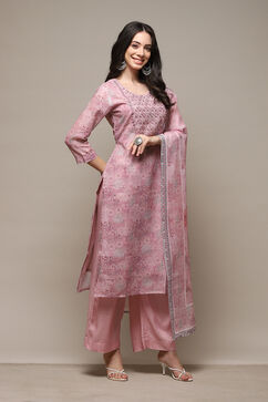 Pink Linen Machine Embroidered Unstitched Suit Set image number 7