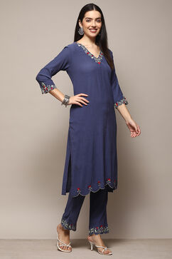 Blue Poly Viscose Straight Suit Set image number 5