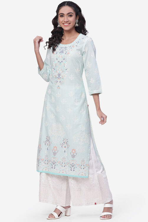 Aqua Blue Cotton Straight Suit Set image number 3