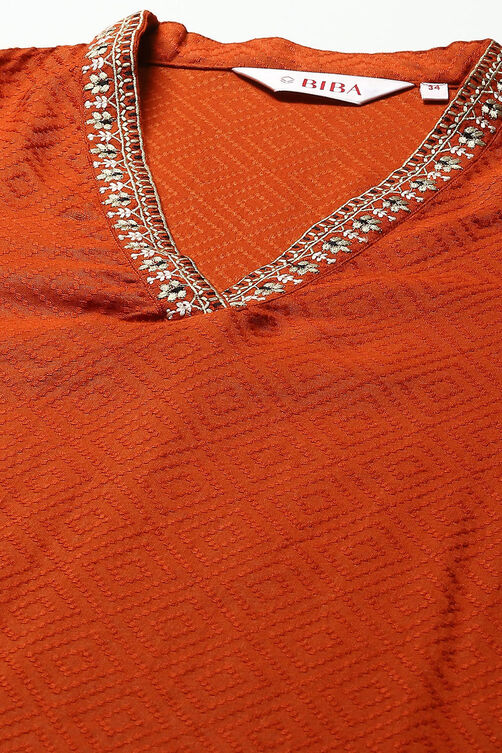 Burnt Orange LIVA Asymmetric Kurta Slim Pant Suit Set image number 1