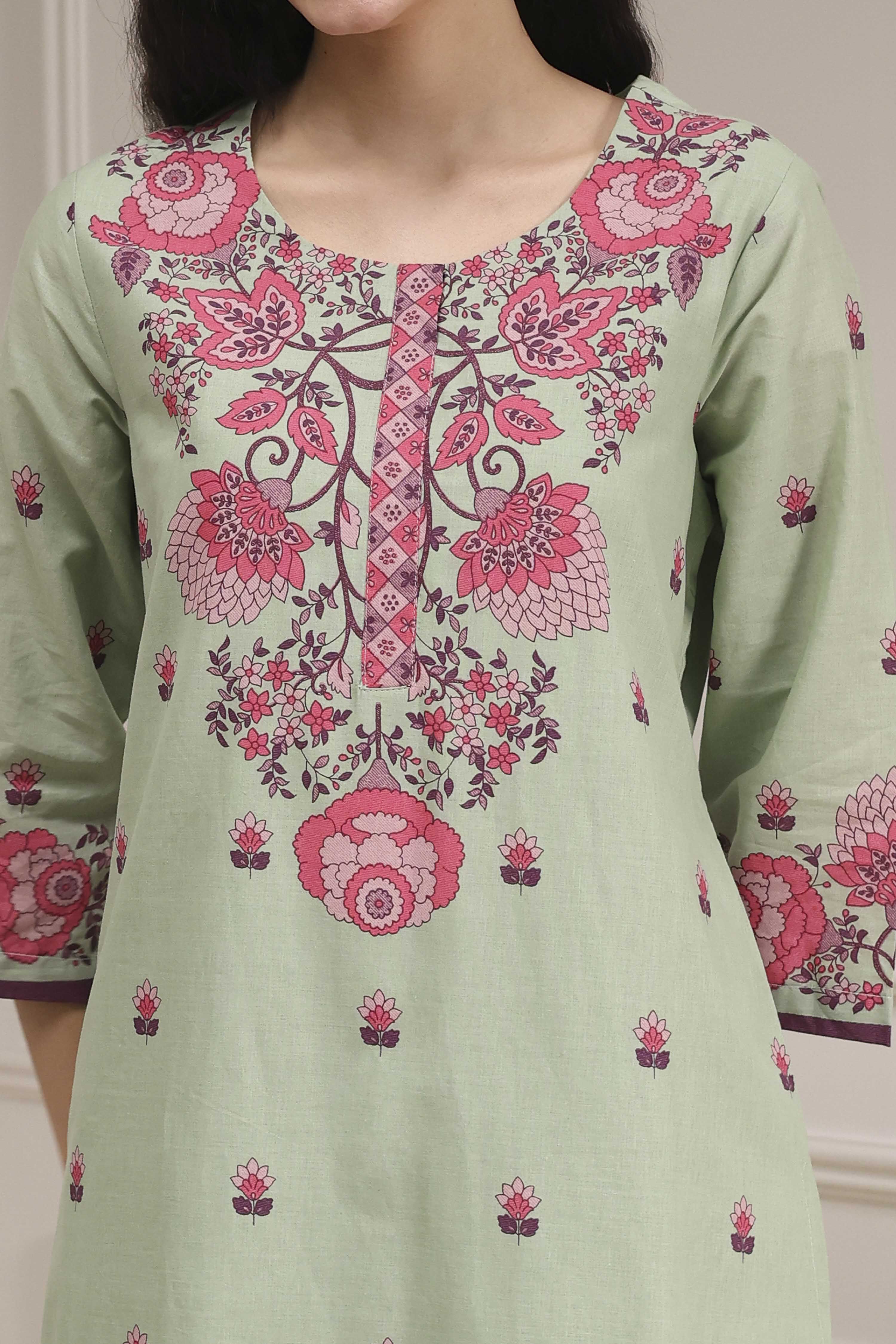 Sage Green Cotton Printed Straight Suit Set image number 1