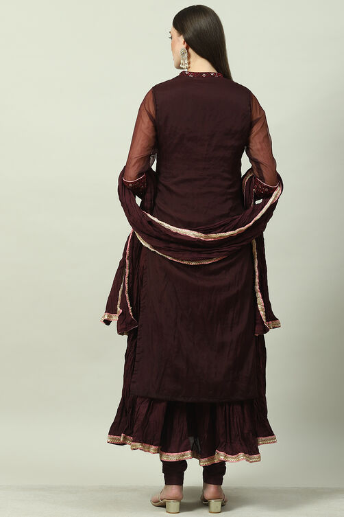 Wine Art Silk Layered Kurta Churidar Suit Set image number 4