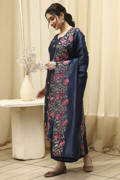 Navy Blue Tissue Machine Embroidered Unstitched Suit Set image number 4