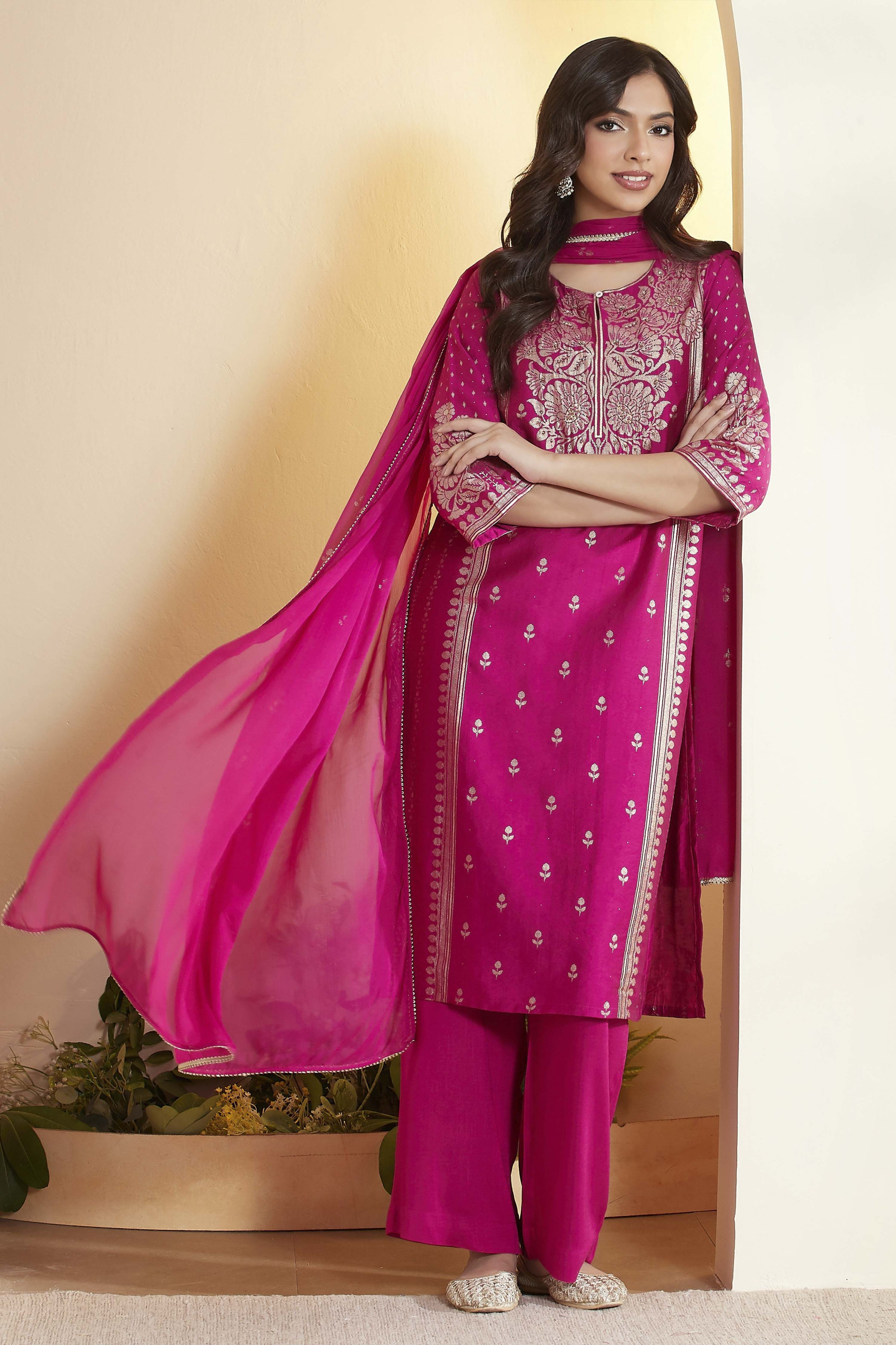 Magenta Pink Viscose Blend Straight Suit Set image number 0