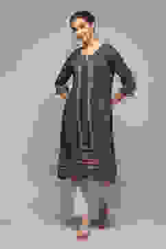 Navy LIVA Straight Printed Kurta image number 0