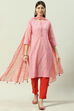 Red Printed Cotton Straight Kurta Slim Pant Suit Set image number 6