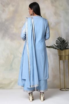 Light Blue Cotton Straight Kurta Palazzo Suit Set image number 4