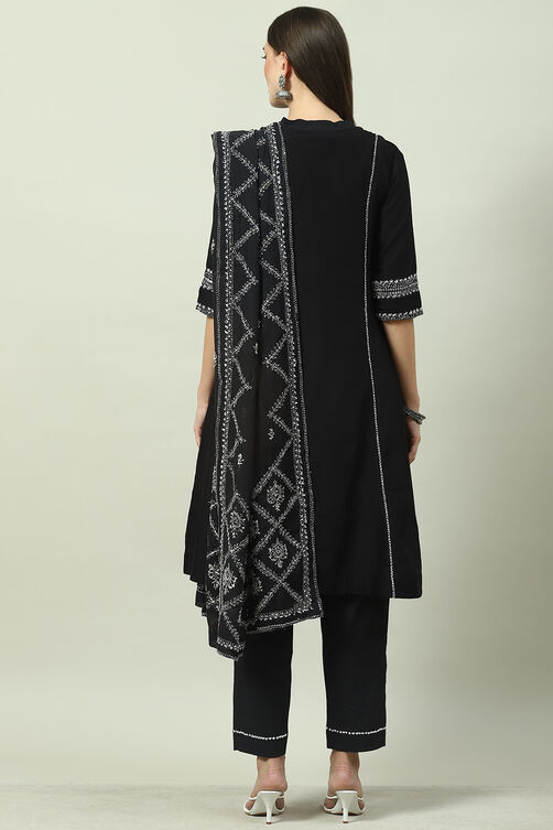 Black Cotton Straight Kurta Relaxed Pants Suit Set image number 4