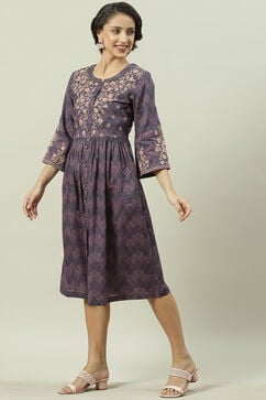 Indigo Cotton A-Line Printed Dress image number 3