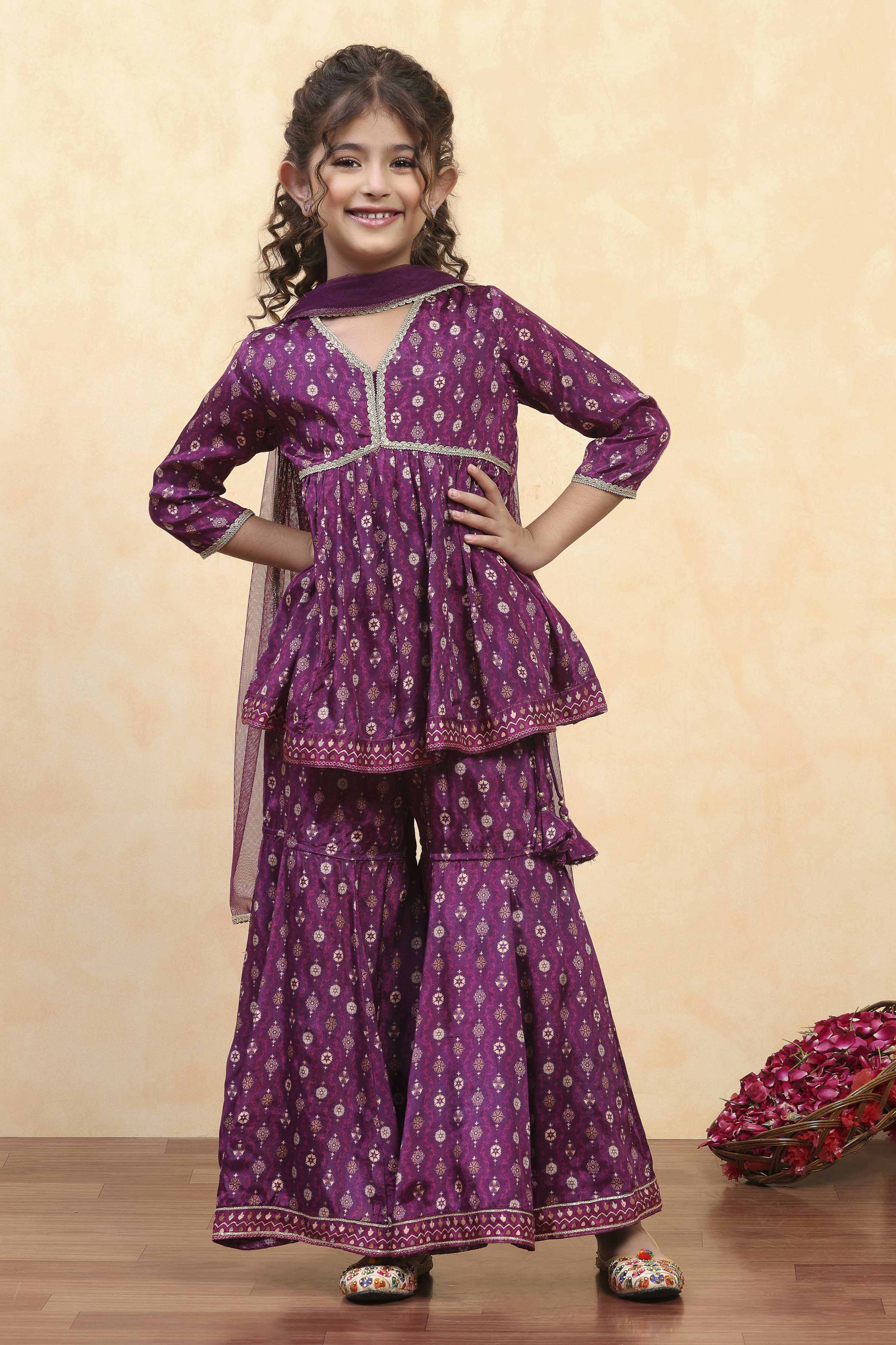 Purple Viscose Rayon Printed Peplum Suit Set image number 6