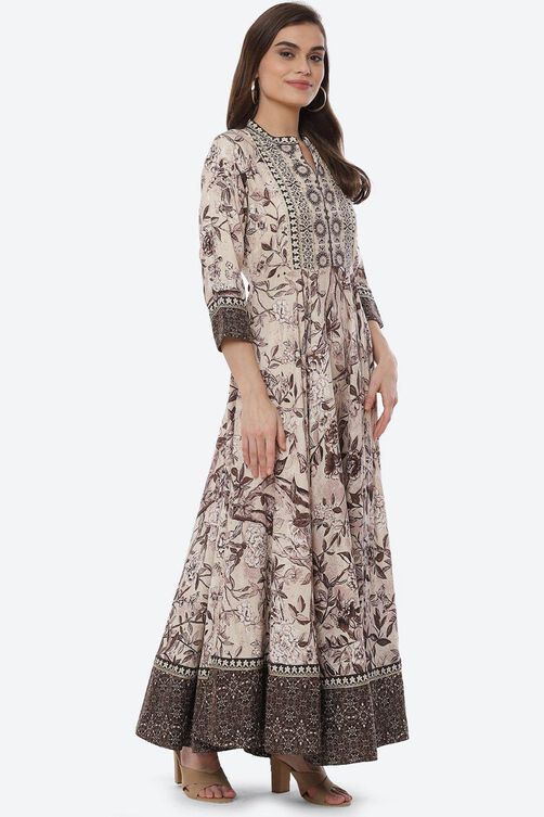 Beige LIVA Flared Printed Kurta Dress image number 3