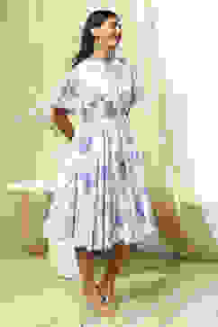 White and Blue Cotton Floral Flared Dress image number 6