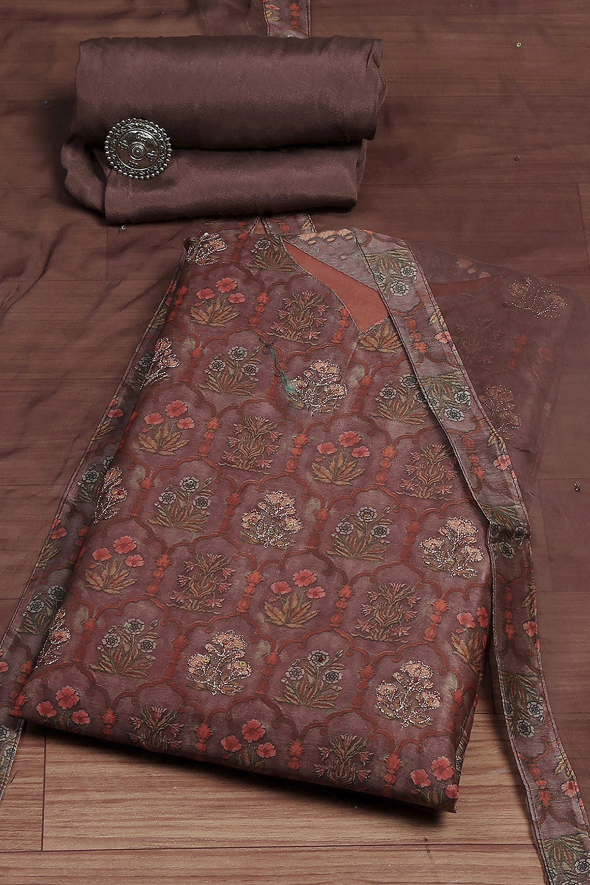 Brown Cotton Printed Embroidered Unstitched Suit Set
