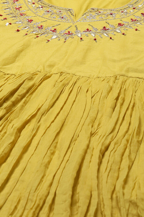 Mustard Cotton Anarkali Kurta Lehenga Set image number 1