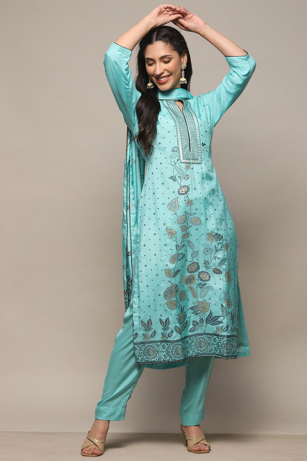 Blue Chanderi Unstitched Suit Set image number 1