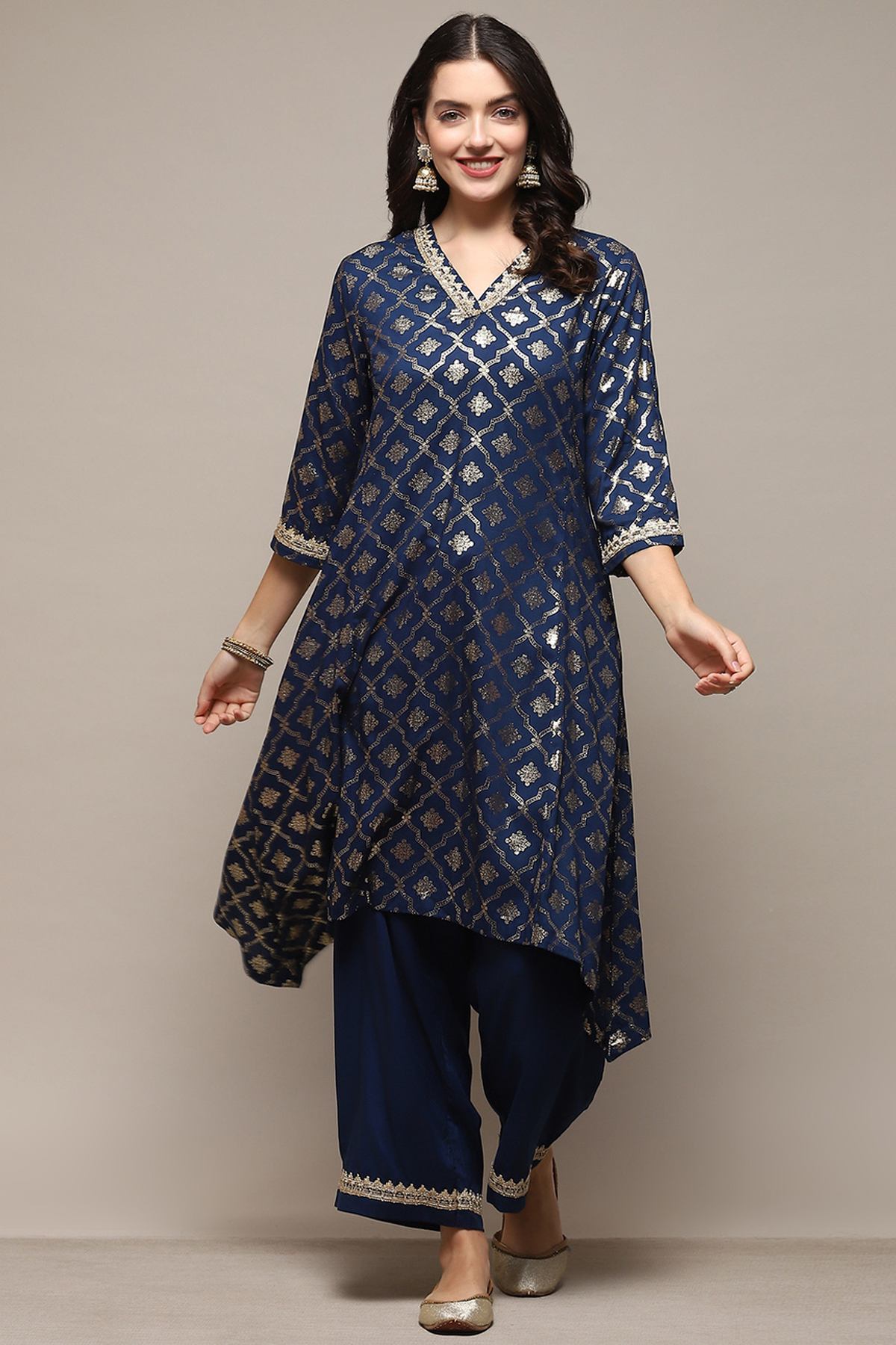 Blue Cotton Straight Printed Kurta Palazzo Suit Set