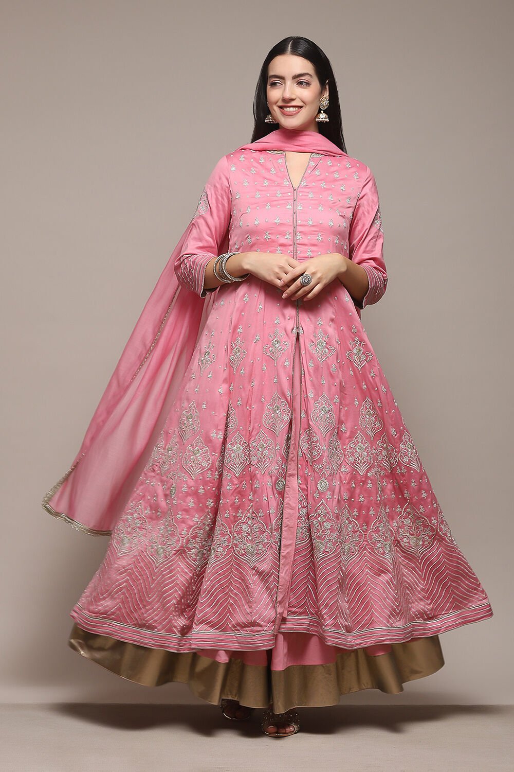 Pink Cotton Blend Anarkali Embroidered Kurta Suit Set at Biba India