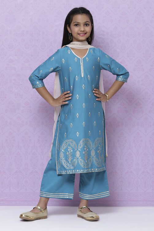 Teal Cotton Girls Straight Straight Kurta Palazzo Suit Set image number 4